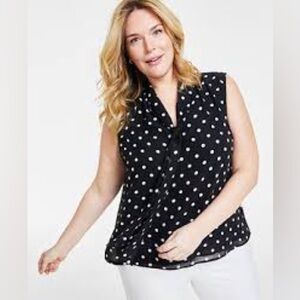 Anne Klein Plus Size Dot-Print Tie-Neck Shirred Blouse, Size 1X NWT